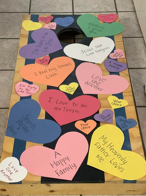 Valentine's Day Singing Time Ideas - LDS Primary Songs cornhole game! Valentine’s Day Singing Time, Valentine Singing Time Ideas, Valentines Singing Time Lds, Lds Singing Time Ideas, Singing Time Ideas Primary, Nursery Lesson Ideas, Valentine Songs, Lds Primary Songs, Lds Music