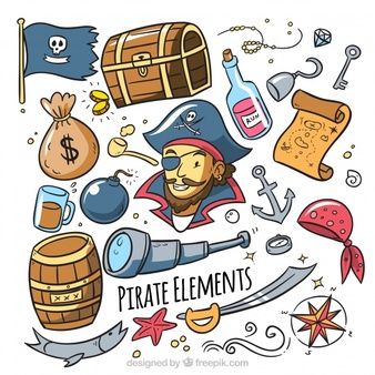 Pirate Elements, Pirate Clothing, Pirate Banner, Kids Pirate Party, Pirate Illustration, Colouring Book Ideas, Kawaii Doodle, Pirate Accessories, Finding Treasure