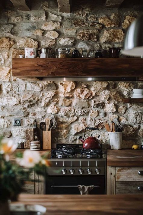 52 Farmhouse Kitchen Backsplash Ideas for Your Dream Kitchen! Stone Wall Kitchen Backsplash, Cobblestone Backsplash, Faux Stone Backsplash Kitchen, Farmhouse Backsplashes, Stone Backsplash Kitchen Rustic, Rustic Farmhouse Kitchen Backsplash, Kitchen Stone Backsplash, Kitchen Deisgn, Farmhouse Kitchen Backsplash Ideas