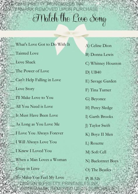 Guess The Love Song Bridal Shower Game, Bridal Shower Love Song Game, Love Song Bridal Shower Game, Love Songs Bridal Shower Game, Song Games, Fun Relationship Questions, Shower Song, Engagement Flowers, Shower Music