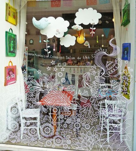 Retail Design - How Not to Break the Bank When Designing a Window Display Painted Window Art, Vitrine Design, Cafe Window, Window Mural, Decoration Vitrine, Window Drawing, Art Window, Store Window Displays, Interior Vintage