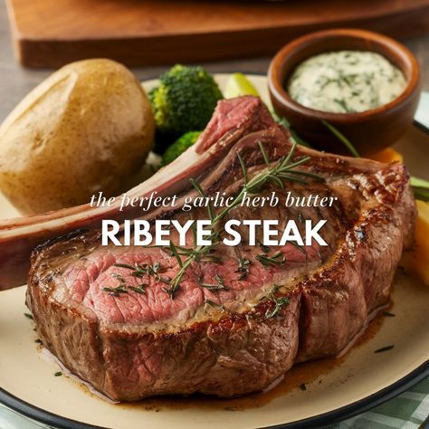 Indulge in a juicy and flavorful Garlic Herb Butter Ribeye Steak, perfect for a delicious and satisfying meal. See more/recipe by clicking the pin. How To Cook Rib Eye Steak, Rob Eye Steak Recipes, Steak Recipes Ribeye, Boneless Ribeye Steak Recipes, Ribeye Steak Recipes Oven, Ribeye Steak Recipes Cast Iron, Cowboy Ribeye Steak Recipe, Cowboy Ribeye Steak, New York Strip Steak Recipes