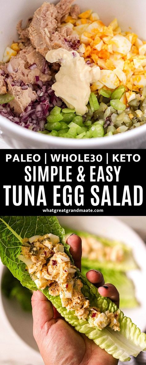 This healthy tuna and egg salad is so simple but packed with flavor! Comes together quickly, and it makes an easy paleo, Whole30, and keto lunch on a busy day. Whole 30 Egg Salad, Whole 30 Tuna Recipes, Tuna Paleo Recipes, Paleo Lunch Ideas Easy, Tuna Egg Salad Recipe Healthy, Tuna Salad Whole 30, Whole 30 Tuna, Tuna Egg Salad Recipe, Whole30 Tuna Salad