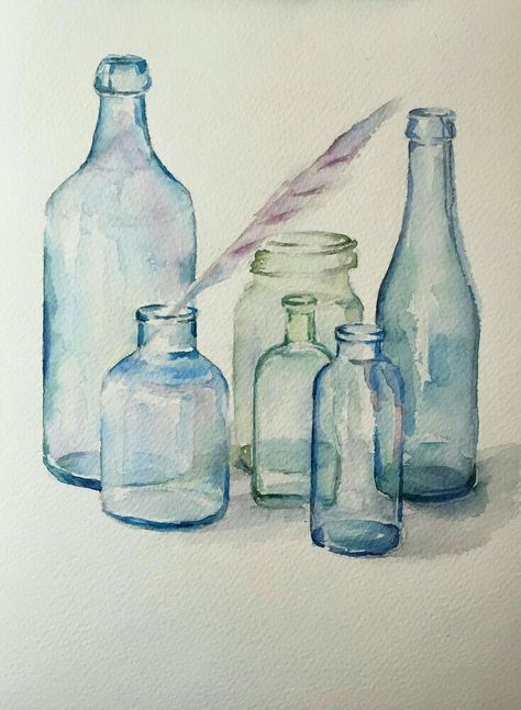 Bottle Watercolor, Bottle Drawing, زجاج ملون, Watercolor Projects, Art Aquarelle, Watercolor Painting Techniques, Seni Cat Air, 수채화 그림, Watercolor Artists