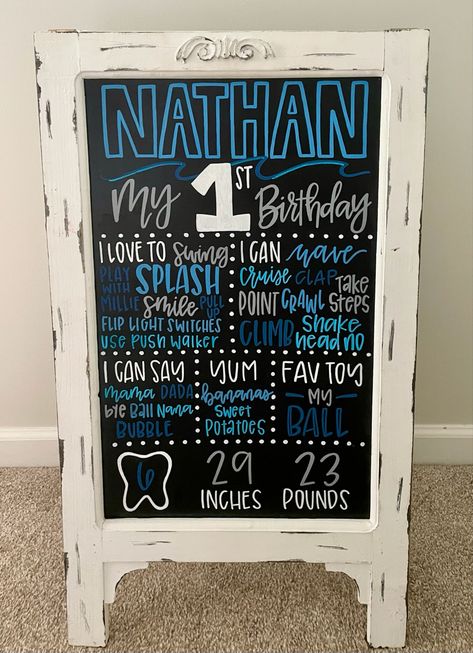 1st Birthday Board Diy Chalkboard Signs, 1st Birthday Information Board, Milestone Board Ideas, Diy Milestone Board 1st Birthday, One Year Old Chalkboard Sign, 1st Birthday About Me Board, First Birthday Milestone Board Diy, First Birthday Info Board, First Birthday Milestone Sign