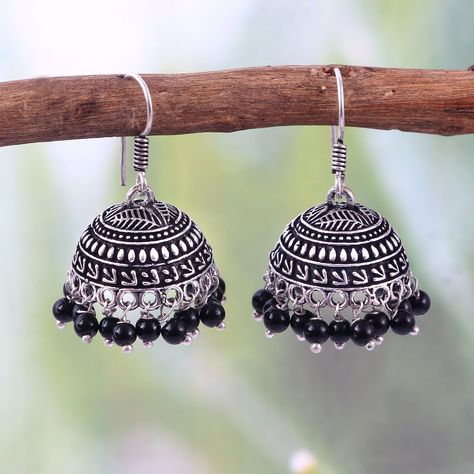 Bollywood Oxidized Silver Plated Handmade Hook Drop Black beads Jhumka Jhumki Indian Earrings jewelry women #Blackhook Pendent Designs, Oxidized Jhumkas, Silver Jhumkas, Engagement Party Wedding, Indian Earrings, Amazing Fashion, Fashion Jewelry Sets, Jhumka Earrings, Jewelry Women