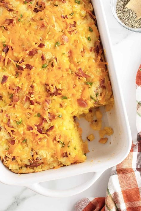 This cornbread casserole is loaded up with bacon, jalapenos, and cheese, making it the perfect side dish or comfort food! To help make preparing this a bit easier, why not use some Homemade Cornbread Mix for this recipe? Or make The Ultimate Jiffy Cornbread Recipe instead? Homemade Cornbread Mix, Cornbread Breakfast, Jiffy Cornbread Recipes, Yummy Casserole Recipes, Corn Casserole Recipe, Cornbread Casserole, Homemade Cornbread, Cheese Making, Breakfast Casserole Sausage