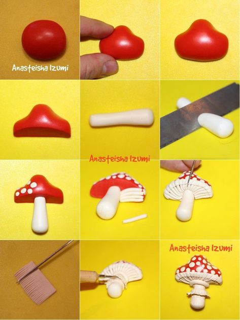 How To Make Polymer Clay Mushrooms, Polymer Clay Crafts Mushrooms, Polymer Mushrooms Clay Tutorials, Polymer Clay Toadstools, Clay Mushroom Tutorial, Polymer Clay Mushroom Tutorial, Polymer Mushrooms, Clay Toadstools, Mushroom Handmade