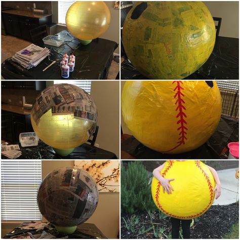 Softball Halloween costume.   Workout ball Paper machè (newspaper & glue) Yellow & red paint How To Make A Round Ball Costume, Softball Christmas Parade Float Ideas, Ball Costume Diy, Halloween Softball, Workout Ball, Diy Fantasia, Softball Christmas, Baseball Costumes, Ball Costume