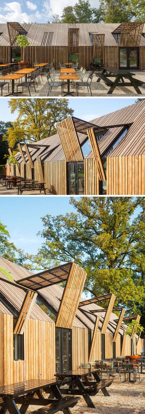 Visitors Center, Modern Architecture Building, Wood Architecture, Wooden Buildings, Baroque Architecture, Modern Barn, Zaha Hadid, Facade Architecture, Facade Design