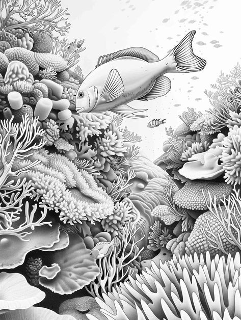 Under The Sea Drawings, Underwater Drawing, Sea Drawing, Garden Coloring, Garden Coloring Pages, Shark Coloring Pages, Pencil Drawings Of Animals, Coral Garden, Model Sketch