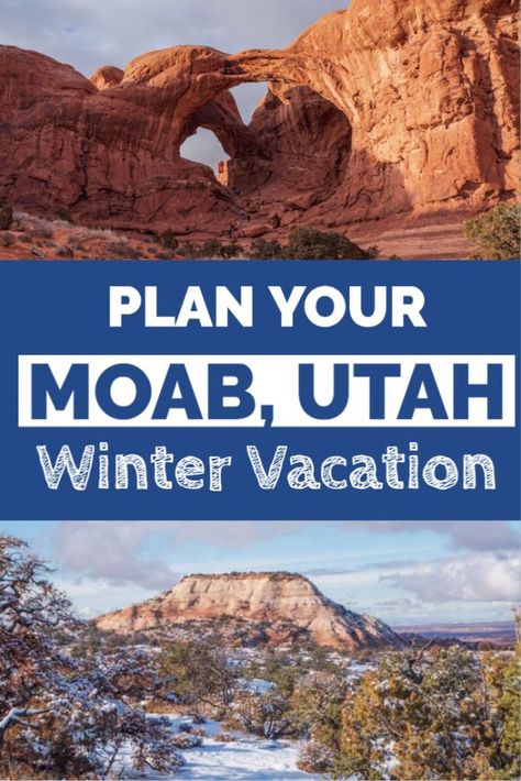 Moab in Utah is the perfect place to visit in winter. Moab makes a great family Winter vacation or Christmas Vacation. Fewer crowds and cool clear days make it the perfect time of year to enjoy the outdoors and explore Arches National Park, Canyonlands National Park and get up close with dinosaur tracks and fossils.” alt= Moab Itinerary, Winter Family Vacations, Utah Winter, Best Winter Vacations, Vacations In The Us, Dinosaur Tracks, Country Musicians, Vacation Itinerary, Canyonlands National Park