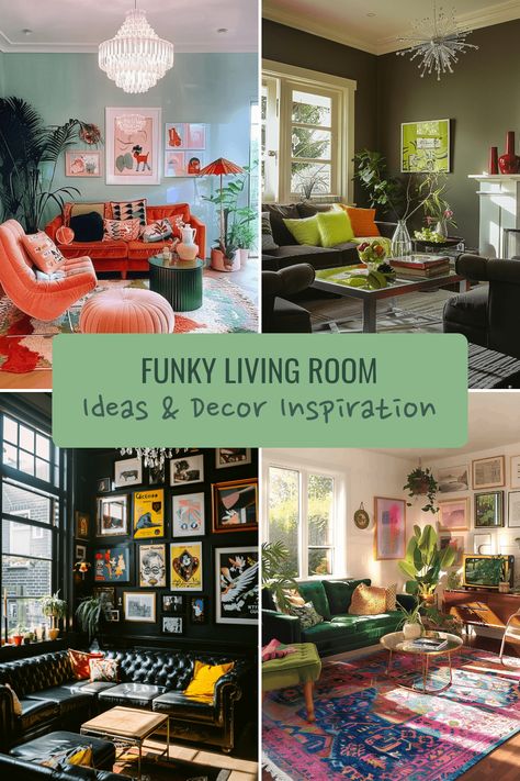 Discover 18+ funky living room ideas to create a vibrant and eclectic space full of personality and flair. Explore bold statement furniture, fun decor, personal gallery walls, and bohemian style inspirations. Get inspired to transform your living room into a funky paradise! Colorful Eccentric Living Room, Small Funky Apartment, Funky Sunroom Ideas, Quirky Living Room Decor, Fun Living Room Ideas Eclectic, Kitchy Living Room, Modern Funky Living Rooms, Eclectic Home Interior, Bold Colorful Living Room