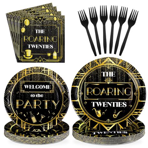 PRICES MAY VARY. What You Get: You'll receive a 96 pcs roaring 20s tableware set that includes 24 9" 1920s plates, 24 7" 1920s plates, 24 napkins and 24 forks for up to 24 guests, ensuring that you'll have enough to throw a happy 1920s birthday party Return to 20's: The roaring twenties party supplies comes in black and gold theme colors with the iconic retro jazz roaring 20s print, gradient gold lettering and line design to create a luxe vibe for your celebrations and add a stylish glamorous to Jazz Birthday Party, 1920s Party Decorations, Roaring 20s Party Decorations, 20s Party Decorations, Roaring Twenties Party, Speakeasy Decor, Twenties Party, Decor For Birthday, Black And Gold Theme