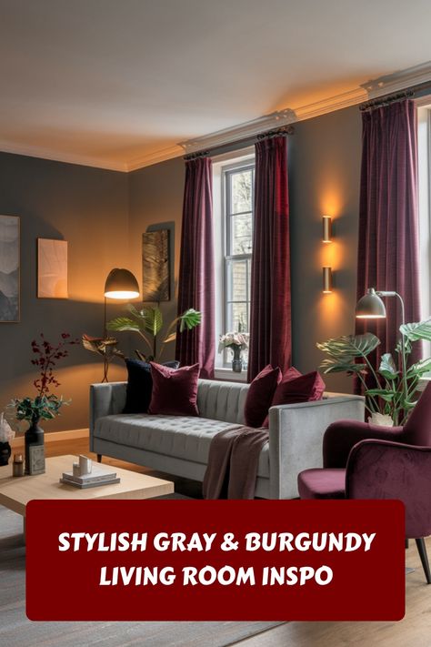 Stylish gray and burgundy living room with elegant lighting and decor. Gray And Burgundy Living Room, Burgundy Decor Living Room, Boho Apartment Living Room, How To Mix Colors, Burgundy Decor, Comfortable Living Room Furniture, Burgundy Living Room, Gray Backdrop, Gray Decor