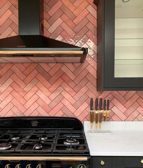 Pink Kitchen Color Ideas: Inspiration and Helpful Tips | Hunker Pink Kitchen Cabinets, Moroccan Wall Tiles, Pink Kitchen Designs, Terracotta Kitchen, Rose Mallow, Casa Loft, Pink Tiles, Zellige Tile, Pink Kitchen