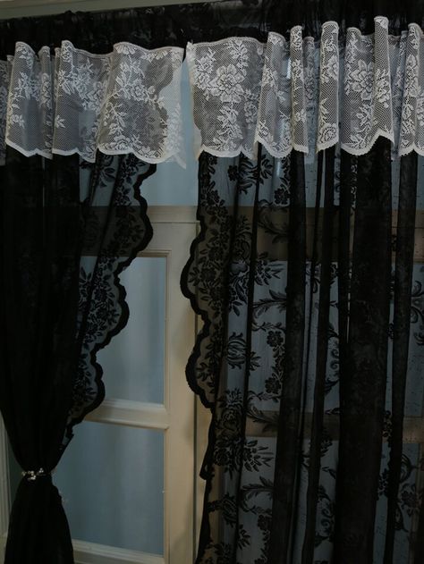 Spooky Room, Gothic Decor Bedroom, Curtain Hanging, Gothic Furniture, Dark Home Decor, Goth Home, Goth Home Decor, Lace Curtains, Dreamy Room