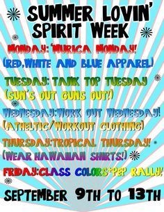 Spirit Week Ideas, Spirit Weeks, Spirit Week Themes, Spirit Day Ideas, Pep Club, Homecoming Spirit Week, School Spirit Week, Homecoming Themes, School Spirit Days