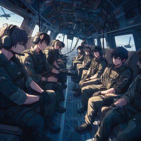 Anime Military Man, Anime Soldier Men, Anime Soldier, Army Anime, Military Aesthetic, Apocalypse Art, Military Drawings, Anime Group, Lion King Art