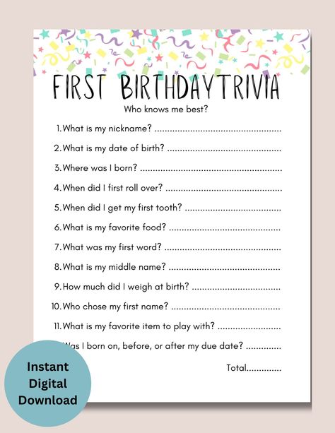 Looking for a fun first birthday game to please the crowd? This digital download is perfect! Not only can the PDF document be dowloaded and printed from the comfort of your own home, you can also download and share digitally as well.  Please note: - This listing is for an instant download; no physical product will be shipped. - A PDF file will be available to download immediately after purchase. - The PDF file is not editable or customizable. If you have any questions, please feel free to reach out! I'll be happy to help. First Birthday Must Haves, 1st Birthday Activities For Guests, First Birthday Activities For Guests, 1st Birthday Activities, First Birthday Party Games, Birthday Trivia, 1st Birthday Games, 1st Birthday Party Games, Baby Party Games