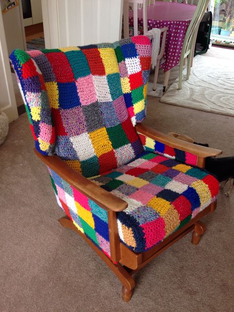 Crochet chair  By Rachel x Crochet Chair Cover, Crochet Furniture, Crochet Flower Scarf, Patchwork Chair, Funky Chairs, Stool Covers, Whimsical Furniture, Boho Furniture, Crochet Barbie Clothes