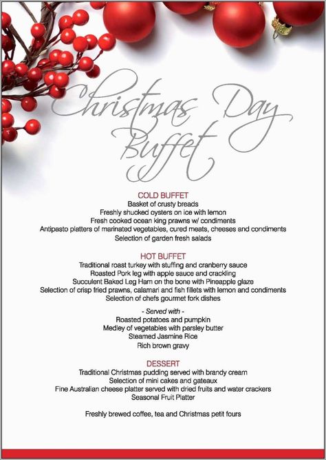 Awesome Free Printable Holiday Menu Template Best Of Template Within Christmas Day Menu Template - 10+ Professional Templates Ideas | 10+ Professional Templates Ideas Christmas Buffet Menu, Lunch Menu Template, Breakfast Menu Design, Christmas Menu Design, Christmas Party Menu, Free Menu Templates, Cold Buffet, Marinated Vegetables, Christmas Buffet