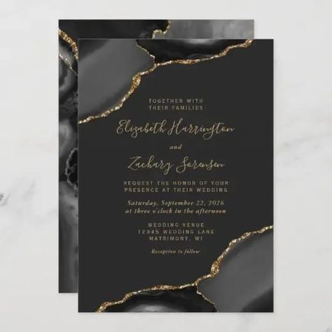 This elegant modern wedding invitation features a black watercolor agate design trimmed with faux gold glitter in two corners. The customizable text combines gold-colored handwriting, copperplate and italic fonts on a slate black background. The reverse side features a matching black and gold agate design. Black White Gold Wedding Theme, Dark Wedding Invitations, Black And Gold Invitations, Purple And Gold Wedding, Folded Wedding Invitation, Unique Wedding Cards, Wreath Wedding Invitations, Elegant Modern Wedding, Afternoon Wedding