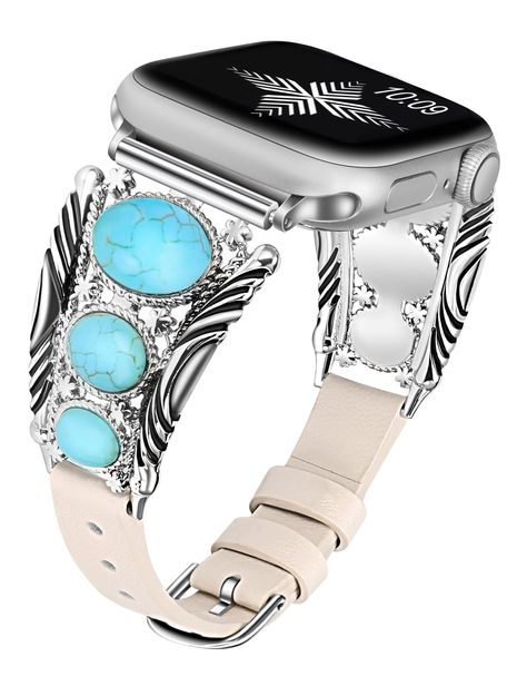 PRICES MAY VARY. Unique Design: Vintage elegance is at hand with this design to compliment most wrists. This western iwatch band is a lovely, unique option to dress up your watch. It features three turquoise stones on either side of the band and is accented with silver. Has a leather band with an adjustable buckle closure Premium Material: Gorgeous high-polished turquoise teardrop stone & smooth copper metal parts. No tarnishing or discoloration or getting rusted. Super easy to adjust and take o Apple Watch Band Women, Apple Watch Bands Women, Boho Turquoise, Fits For Summer, Western Vintage, Turquoise Boho, Diy Clothes Life Hacks, Watch Ultra, Vintage Elegance