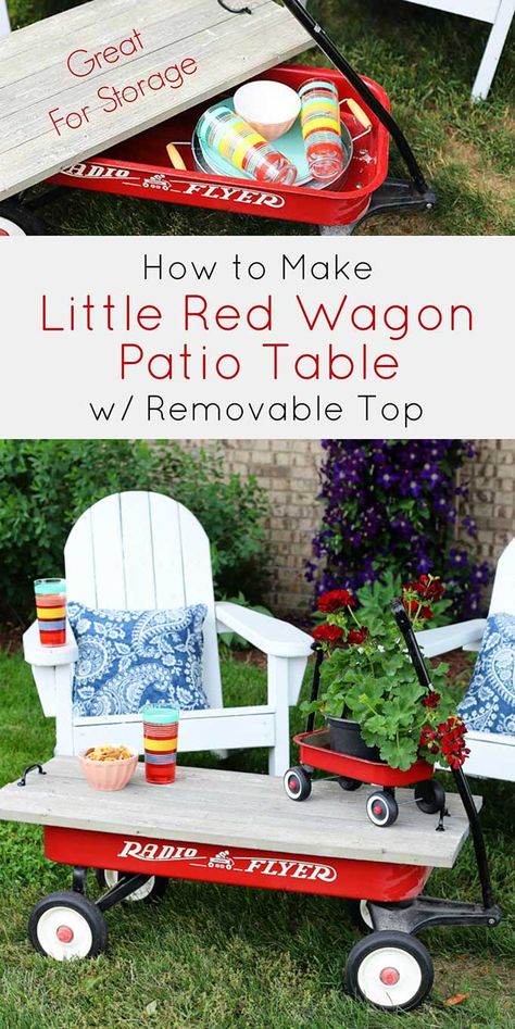 Easy to follow tutorial for repurposing a little red wagon into a fun and funky outdoor coffee table for summer on the patio. #repurposed #upcycled #redwagon #porchdecor Radio Flyer Wagon Makeover, Red Wagon Repurposed, Red Wagon Decor, Bball Court, Decorative Garden Stones, Wagon Ideas, Diy Patio Table, Grey Stained Wood, Radio Flyer Wagons