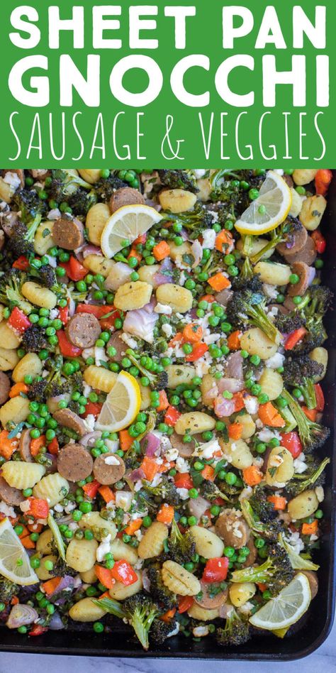 This Roasted Vegetable Gnocchi and Sausage Bake is an easy and delicious sheet pan dinner that is loaded with veggies! Just throw all of your ingredients onto a large sheet pan and then roast in the oven for about 25 minutes. This easy vegetarian dinner is packed with flavor and it will fill you up. Bookmark this recipe for an easy weeknight dinner everyone will love! #sheetpandinner #vegetarianrecipe #bakedgnocchi #springproduce #glutenfree Gnocchi And Sausage, Vegetable Gnocchi, Roast In The Oven, Gluten Free Gnocchi, Vegetarian Sausages, Vegan Feta Cheese, Baked Gnocchi, Sage Sausage, Easy Vegetarian Dinner