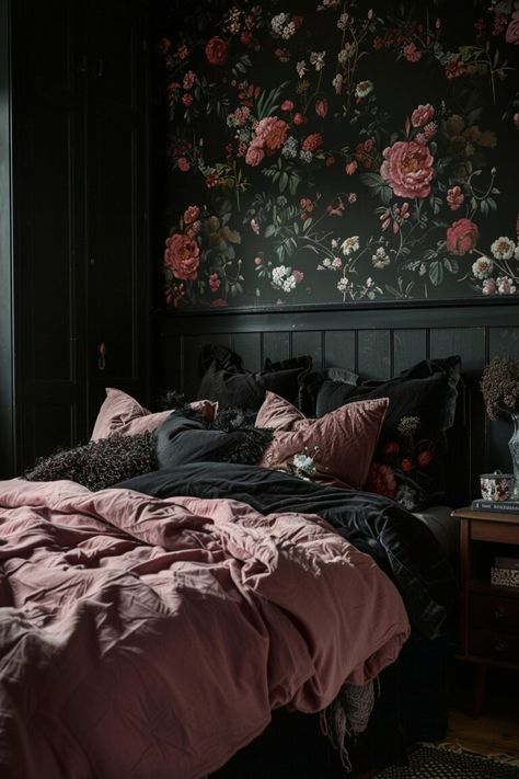 29 Dark Feminine Bedroom Ideas for a Sophisticated Space 3 Moody Floral Bedding, Dark Feminine Room, Moody Feminine, Dusky Pink Bedroom, Feminine Bedroom Ideas, Feminine Bedroom Design, Edgy Bedroom, Dark Romantic Bedroom, Dark Feminine Bedroom