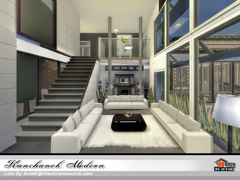 autaki's Kanchanok Modern Sims Modern Interior, Modern House Black, Sims 4 Modern House, Interior Minecraft, Sims Freeplay Houses, Dorm Design, House Plans Mansion, Rumah Minecraft, Sims Ideas