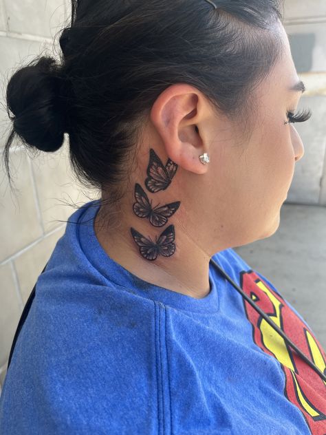 Behind Ear Tattoo Cover Up, Behind The Ear Butterfly Tattoo, Ear Butterfly Tattoo, Butterfly Tattoo Color, Coverup Ideas, Tattoo Cover Ups, Tattoo Cover Up Ideas, Cover Up Ideas, Cute Tats