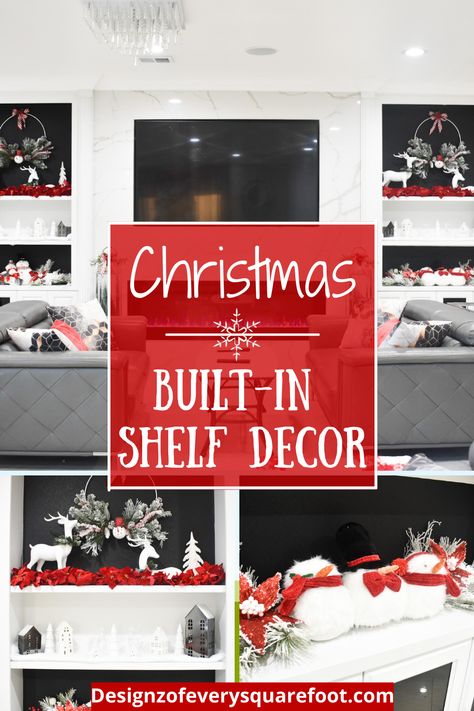 Christmas Decor For Built-In Cabinets Built In Bookshelves Christmas Decor, Book Shelf Christmas Decor, Christmas Decor Ideas For Bookshelves, Christmas Decor For Bookshelves, Bookshelf Christmas Decorating Ideas, Christmas Bookcase Decorating Ideas, Decorating Built Ins For Christmas, Black Wallpaper And White, Christmas Decor Bookshelves