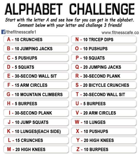 Alphabet Challenge Easy Fitness Meals, Alphabet Workout, Easy Fitness Challenge, Alphabet Challenge, Simple Workout Routine, Workout Splits, Full Body Hiit Workout, Post Workout Snacks, 30 Day Fitness