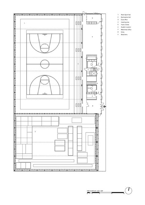 Gallery of Hacine Cherifi Gymnasium / Tectoniques Architects - 33 Gymnasium Floor Plan, Basketball Gymnasium, Indoor Gymnasium, Gymnasium Design, Sport Facility, Gymnasium Architecture, Gym Architecture, Architecture Work, Basketball Gym