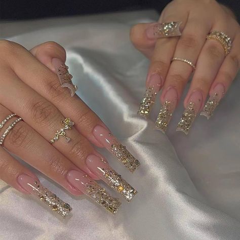 PRICES MAY VARY. [Package Content] You will get 24 pieces of IMRAIN long square press on nails, a small clear box with glue, and you can trim it to any length you want~ [Quality Material] These gold glitter press on nails are made of quality acrylic material, non-toxic and gentle to your nails and skin, durable and not easy to be scratched, will give you a nice manicure experience. [Easy to Use] After trimming and cleaning your nails, choose a false nail that is suitable for your own nail size, Gold Glitter Acrylic Nails, Nails Long Square, Birthday Nail Designs, Quinceanera Nails, Nails Bling, Press On Nails Long, Nails Glossy, Gold Glitter Nails, Long Square Acrylic Nails