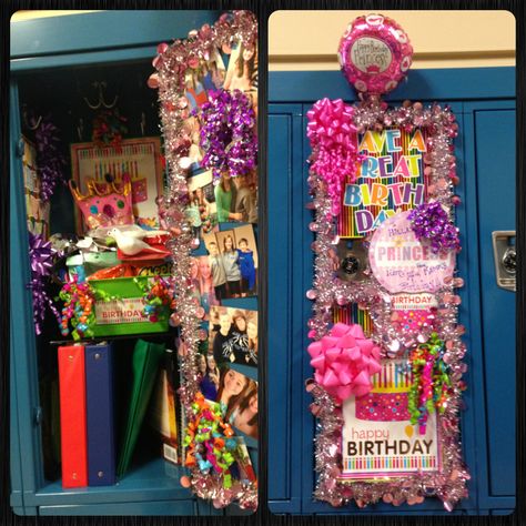 Girl Birthday locker. Birthday locker. School birthday idea. Middle school birthday. Locker decor. All from dollar store including cut up gift bags for signs! Birthday Locker Decorations, Birthday Locker, Cute Locker Ideas, Locker Decorations Diy, Diy Locker, Locker Designs, School Locker, Locker Decorations, Birthday Party Decorations Diy