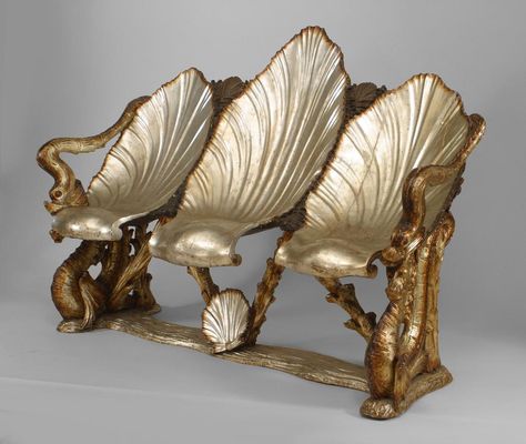 Italian Venetian Grotto (19th cent.) silver gilt settee with triple seashell seat and dolphin & seahorse motif (att: Pauly et Cie, Venice) Fantasy Furniture, Unusual Furniture, Art Nouveau Furniture, Funky Furniture, Shell Art, Settee, Beautiful Furniture, Dream House Decor, Unique Furniture