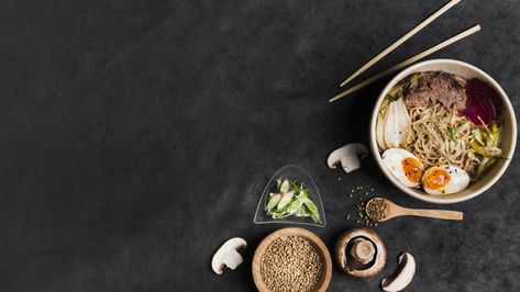 Ramen Photography, Egg In Ramen Noodles, Yellow Noodles, Ingredients Photography, Pork Ramen, Ramen Noodle Soup, Edamame Beans, Ramen Soup, Black Backdrop