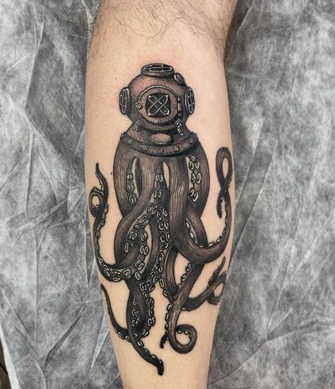 Deep Sea Diver Tattoo, Kraken Tattoos, Diver Tattoo, Kraken Tattoo, Dove Tattoos, Octopus Tattoo Design, Octopus Tattoos, Prison Tattoos, Sea Tattoo