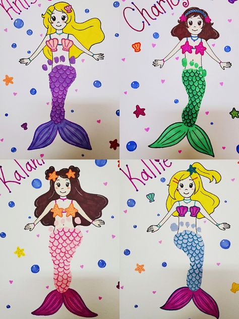 mermaid footprint craft I came up with for the girls in my class! 🧜‍♀️ 💕 Mermaid Art For Preschool, Mermaid Handprint Art, Mermaid Footprint Art, Handprint Mermaid, Animals Footprints, Mermaid Diy Crafts, Little Mermaid Crafts, Nicu Crafts, Baby Footprint Crafts