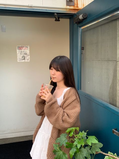 Oversized Cardigan Dress Outfit, Oversized Cardigan With Dress, White Dress With Cardigan, Mini Dress With Cardigan, Brown Cardigan Outfit, Cardigan Dress Outfit, Spring Cafe, Asian Bangs, Cardigan Oversized