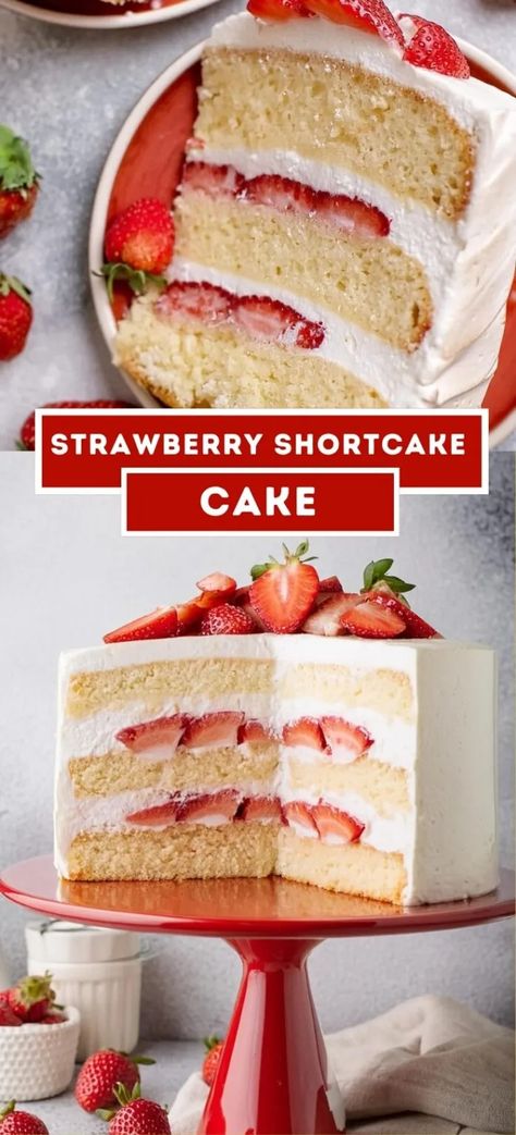 Strawberry Shortcake Cake Layered Strawberry Shortcake, Cream Cheese Coffee Cake, Shortcake Cake, Strawberry Shortcake Cake, Moist Vanilla Cake, Cotton Cake, Rich Cake, Chilled Desserts, White Cake Recipe