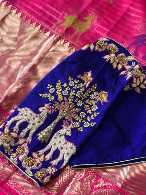 Zardosi And Thread Work, Deer Work Blouse Designs, Deer Blouse Designs, Deer Maggam Work Designs, Zardosi And Thread Work Blouse, Thread Maggam Work Blouses, Embroidery Blouse Designs Thread, Only Thread Work Blouse Designs, Thread Work Blouse Designs