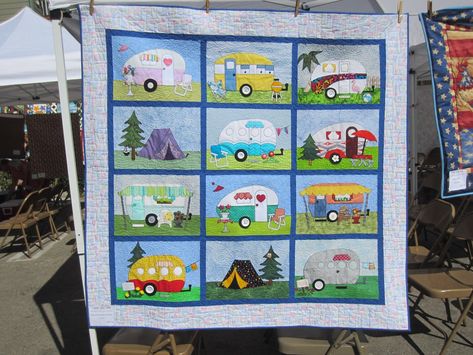 Camper Quilt, Camping Quilt, Quilt Big, Log Cabin Quilt Pattern, Mountain Quilts, Retro Camping, Landscape Quilt, Applique Quilt Patterns, Retro Campers