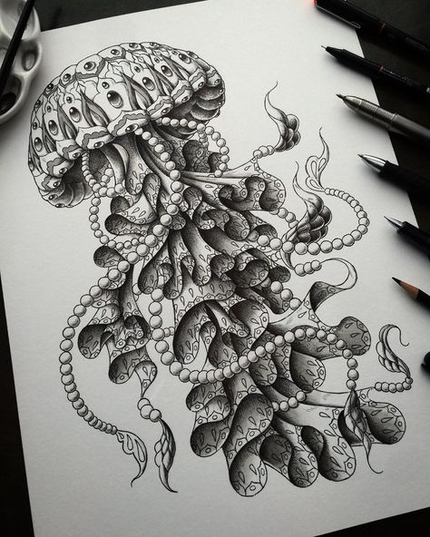 Jellyfish Pen Drawing, Drawings Of Jellyfish, Neographic Art, Jellyfish Art Drawing, Octopus Drawings, Jellyfish Sketch, Drawing Jellyfish, Creative Drawing Ideas, Octopus Drawing