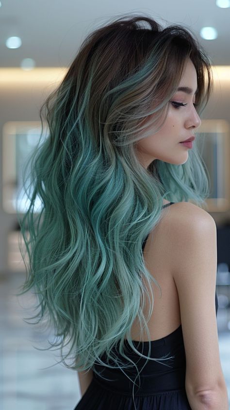 25 Green Ombre Hair Inspirations to Envy Blue Ombre Hair, Bold Hair Color, Mint Hair, Teal Hair, Summer Hair Color For Brunettes, Hair Color Highlights, Summer Hair Color, Hair Dye Colors, Hair Color Balayage