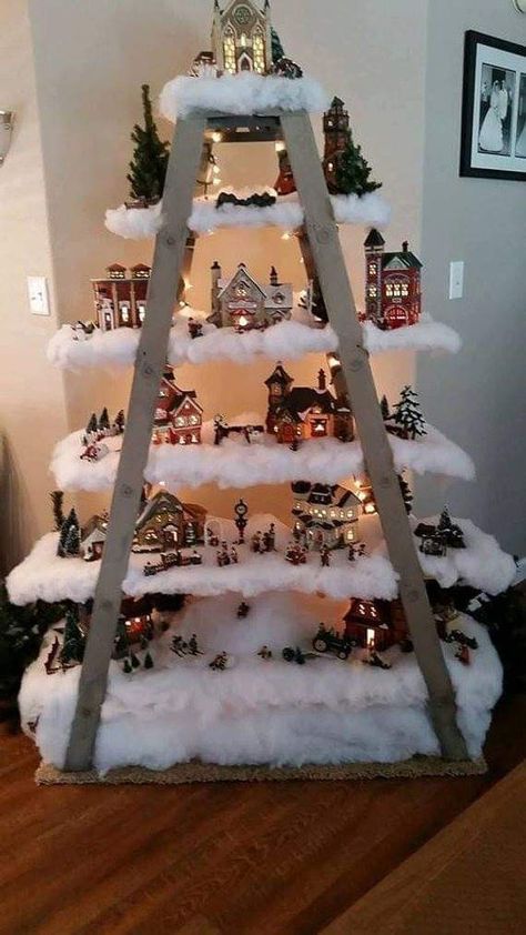 Christmas Diy Tree Decor, Christmas Tree Ladder, Tree Ladder, Ladder Christmas Tree, Wooden Ladders, Christmas Tree Village Display, Upside Down Christmas Tree, Christmas Tree Village, Village Christmas