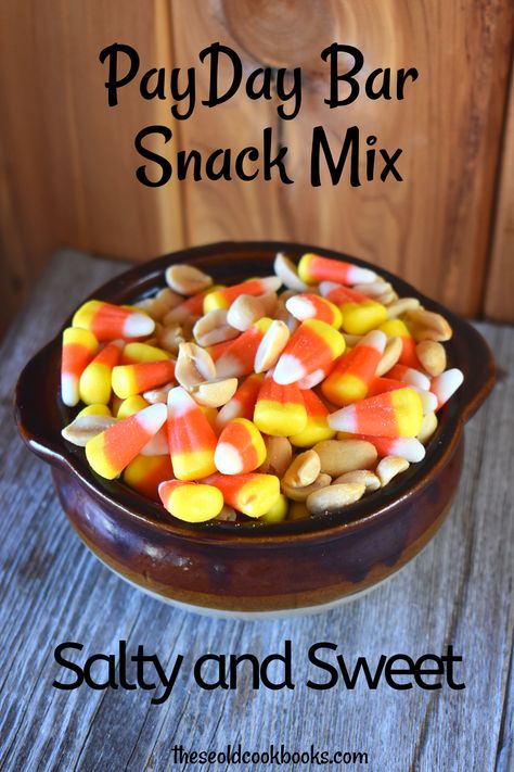 PayDay Snack Mix with Candy Corn and Peanuts - These Old Cookbooks White Chocolate Snack Mix, Candy Corn Mix, Chocolate Snack Mix, Payday Candy, Candy Corn Recipe, Payday Candy Bar, Fall Snack Mixes, Peanut Snack, Picnic Potluck